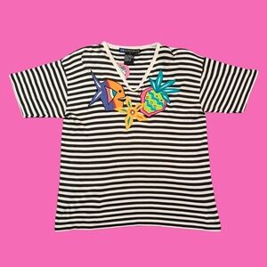 Vintage 1990's Black and White Striped, Fish and Strawberry, Shirt Size M
